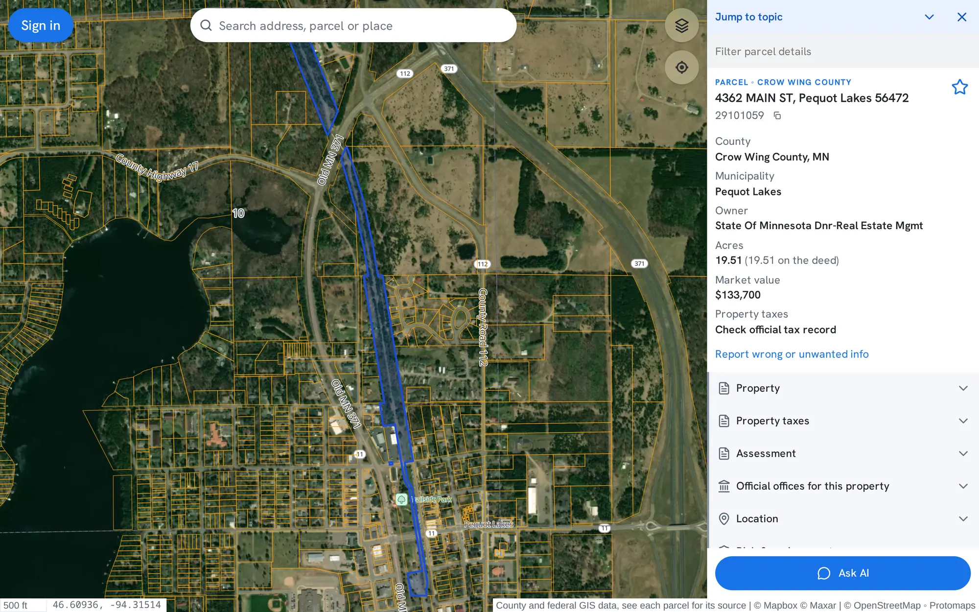 The PublicGIS map over satellite imagery of Pequot Lakes, Minnesota, with parcel lines drawn and a state-owned trail parcel open beside the map